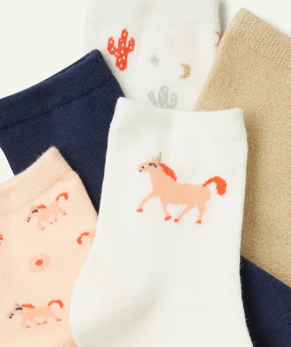 LOT DE 5 PAIRES DE CHAUSSETTES FILLE THÈME LICORNE BLEU ROSE ET COULEUR DORÉE