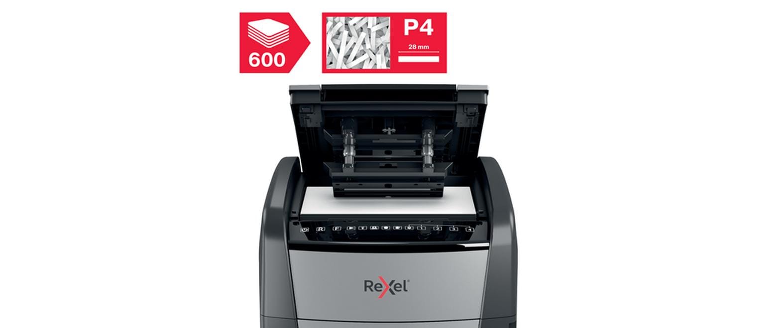 Aktenvernichter Rexel Optimum AutoFeed+ 600X, P4<br>Automatischer Schredder (auto) für sichere Vernichtung vertraulicher Unterlagen (bis zu 600 Blatt)