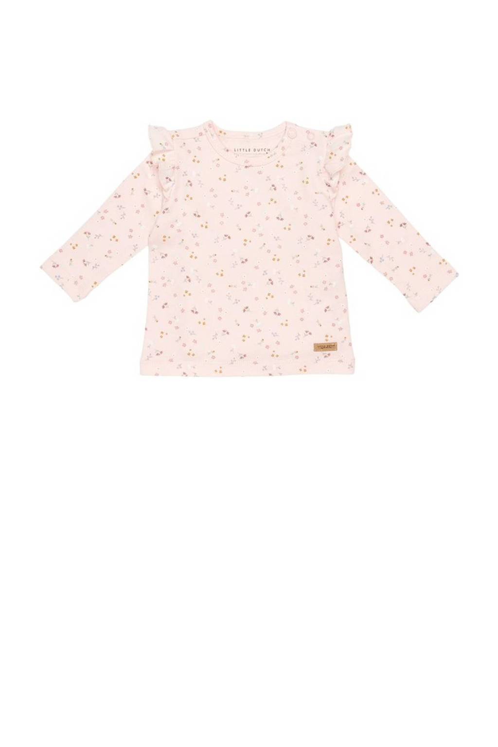 Little Dutch baby longsleeve Little Pink Flowers met all over print en ruches lichtroze