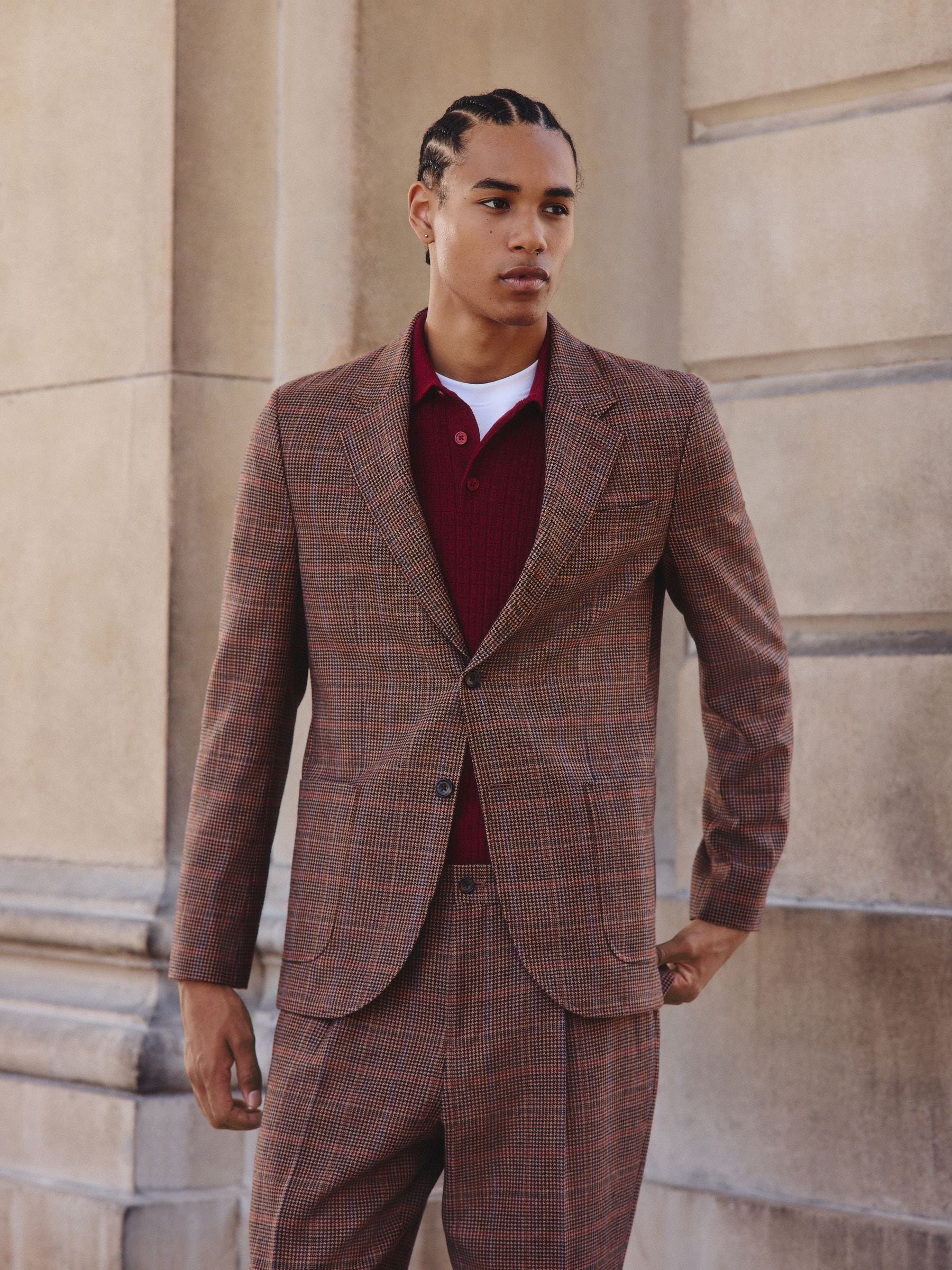 Bruin/rood - Slim fit wolmix geruit pak: jack