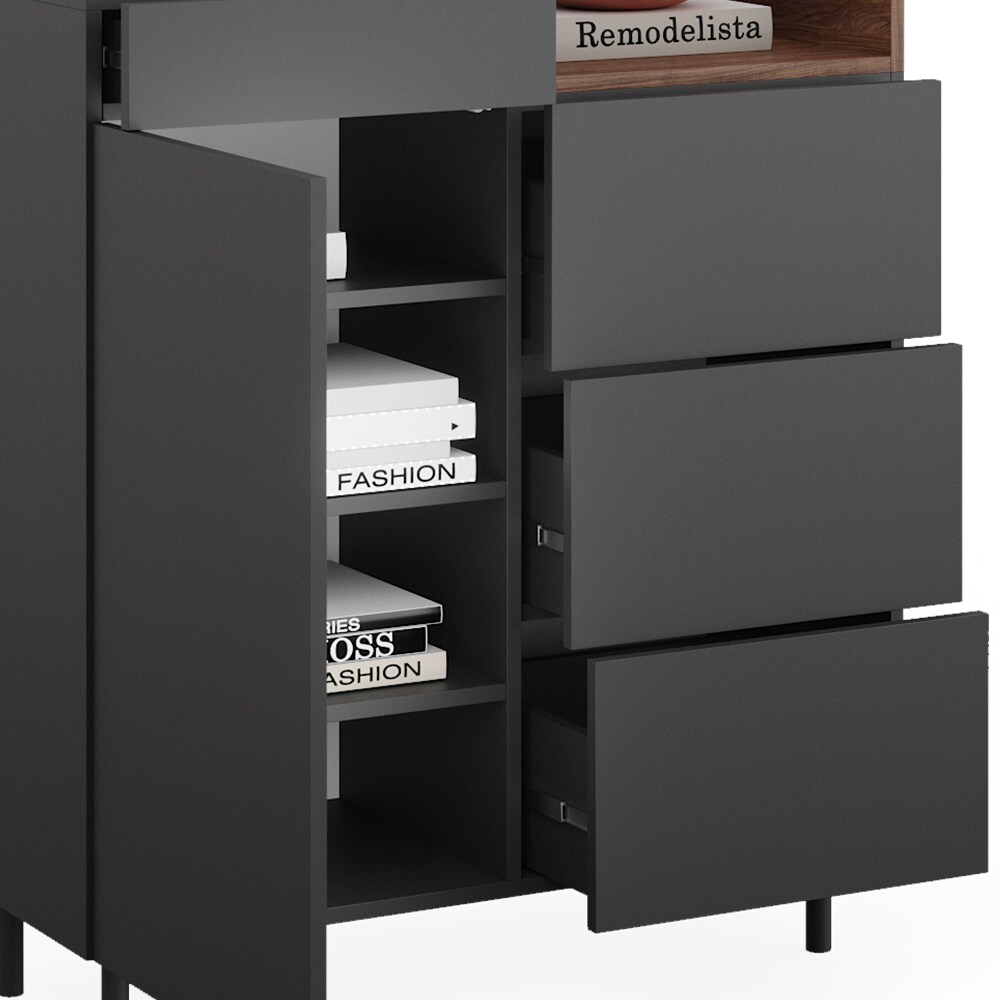 Vicco Kommode Anika, 89 x 100 cm, Anthrazit Walnussbraun mit Tür, 4 Schubfächer