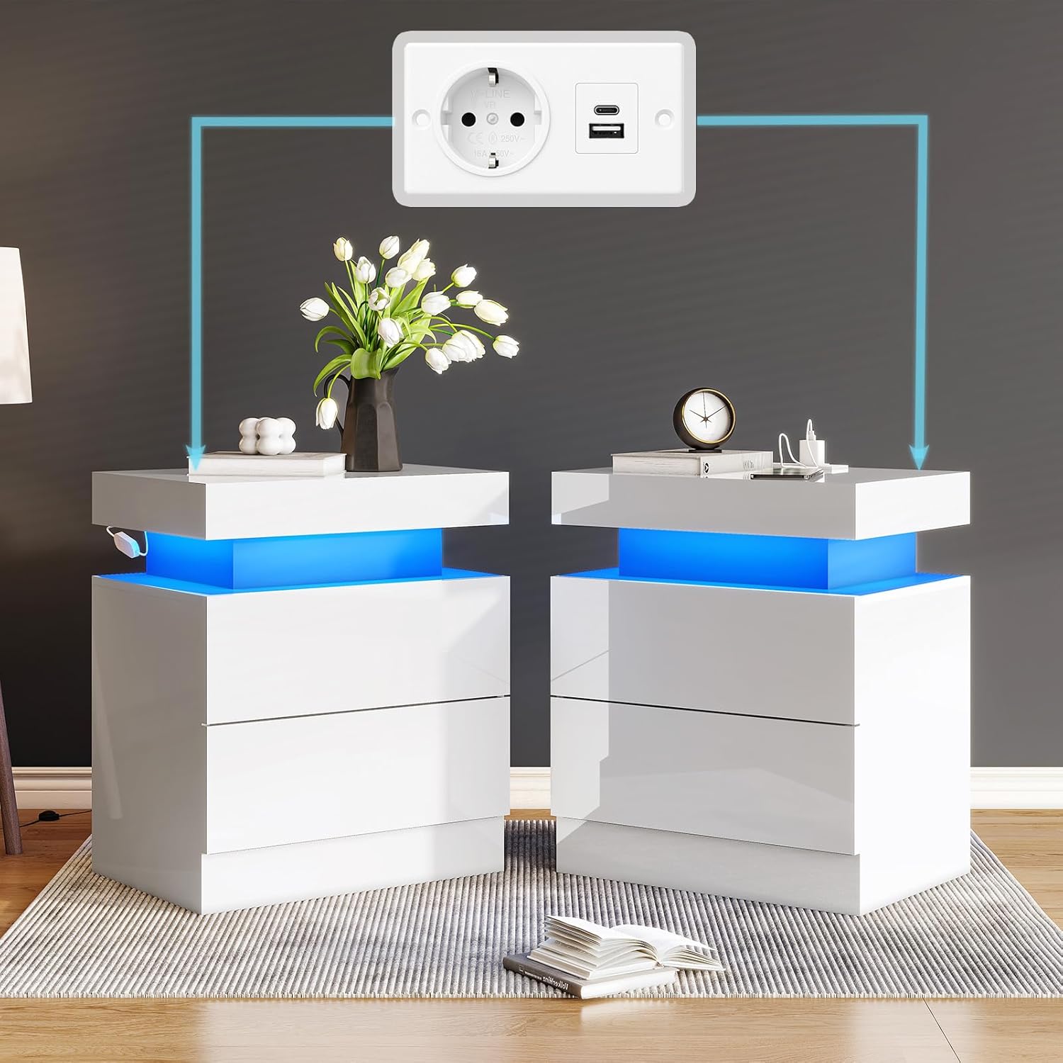 2er-Set Hochglanz Nachttisch mit LED & Ladestation, Moderne Nachtschränke mit 2 Schubladen, Weißer Beistelltisch für Schlafzimmer & Wohnzimmer, 58x40x35 cm
