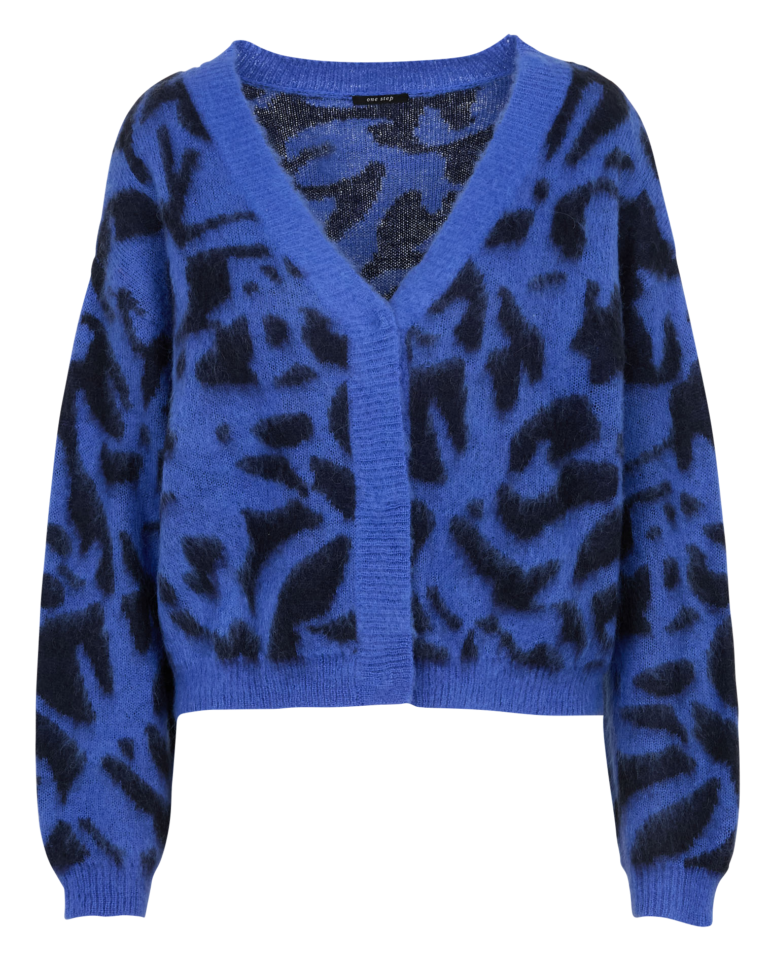 TAMAR - Gilet col V léopard en maille duveteuse | Bleu