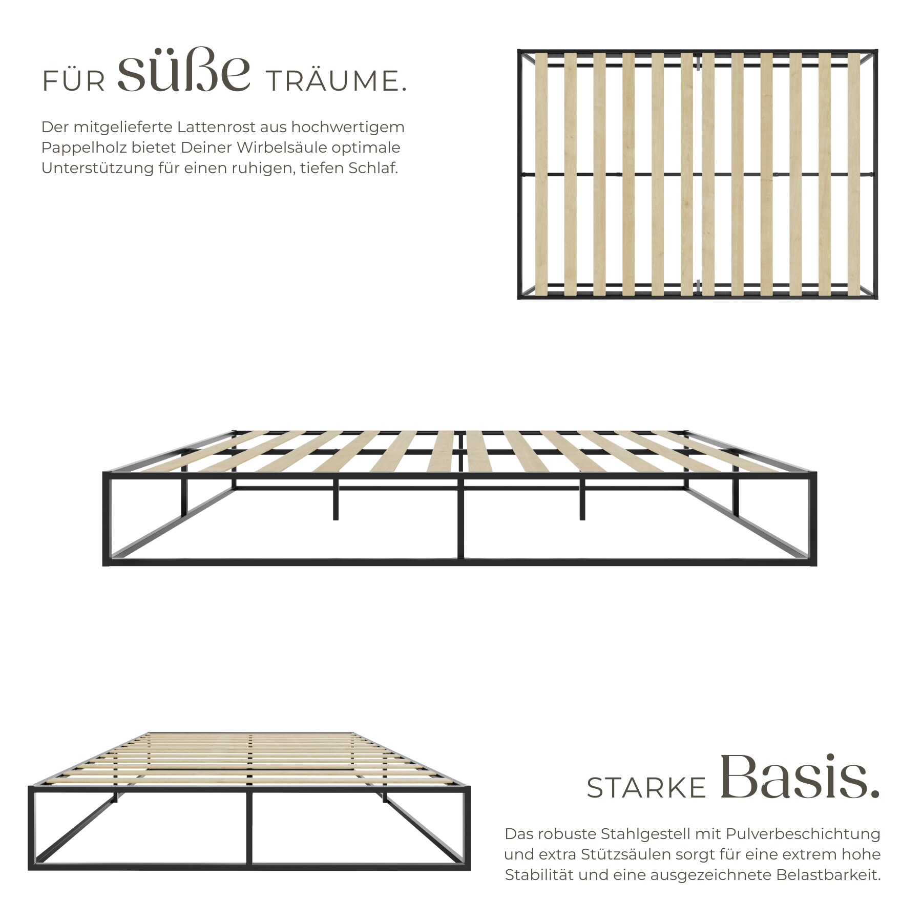 tectake® Bett, robustes Stahlgestell, zeitloses Design, Plattformgestell mit Unterbettstauraum, Belastbarkeit 250 kg, bodenschonende Kunststoffkappen