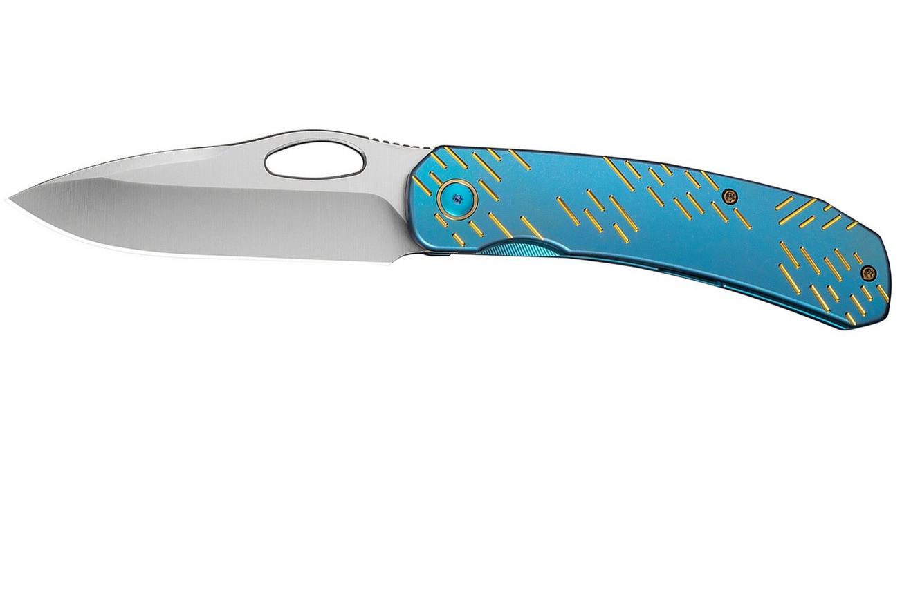 WE Knife Inmate WE23096B-3, Satin Finished CPM 20CV, Blue Titanium Gold Raindrop Pattern zakmes, Jerad Neeve design