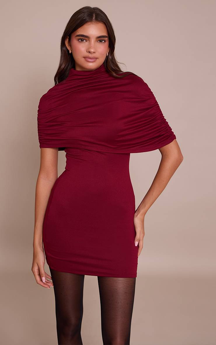 Rouge Bordeaux Robe Moulante À Détail Superposé Asymétrique Double Contour
