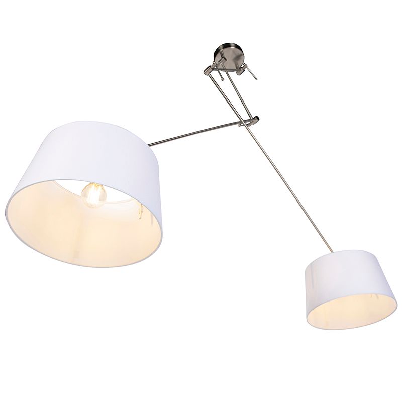 Hanglamp staal met linnen kappen wit 35 cm 2-lichts - Blitz