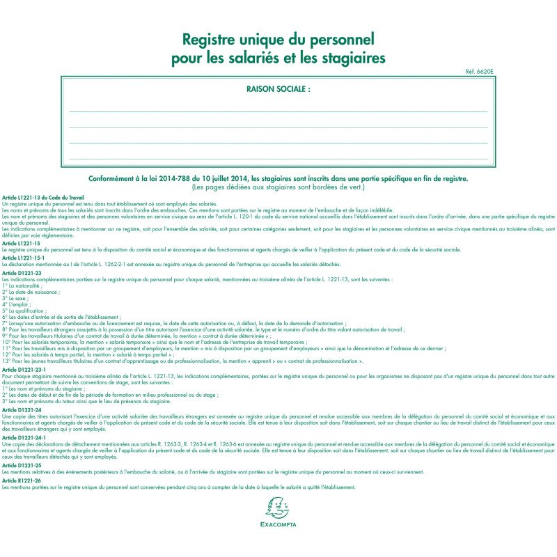 Registre imprimé unique du personnel Exacompta 6620E, 27 x 32 cm 52 pages