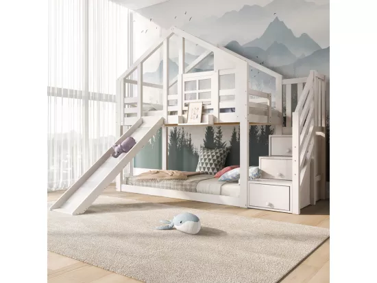 Lit superposé pour enfant - avec escalier de rangement et toboggan - lit cabane 2 x 90 x 200 cm - Pin + MDF - Blanc
