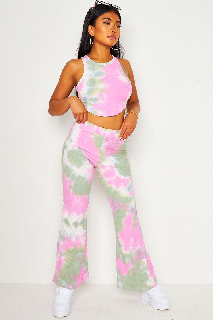 Ensemble tie and dye vert/rose débardeur + pantalon