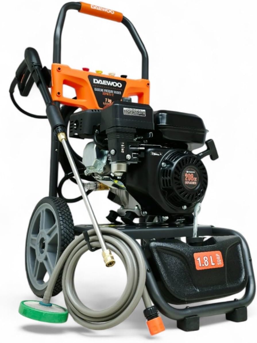 Benzin Hochdruckreiniger 207 bar | 12 m Hochdruckschlauch | 7PS Flächenreiniger mit Messing Pumpenkopf | Steinreiniger Profi Hochdruckreiniger | Gewerbe Industriereiniger