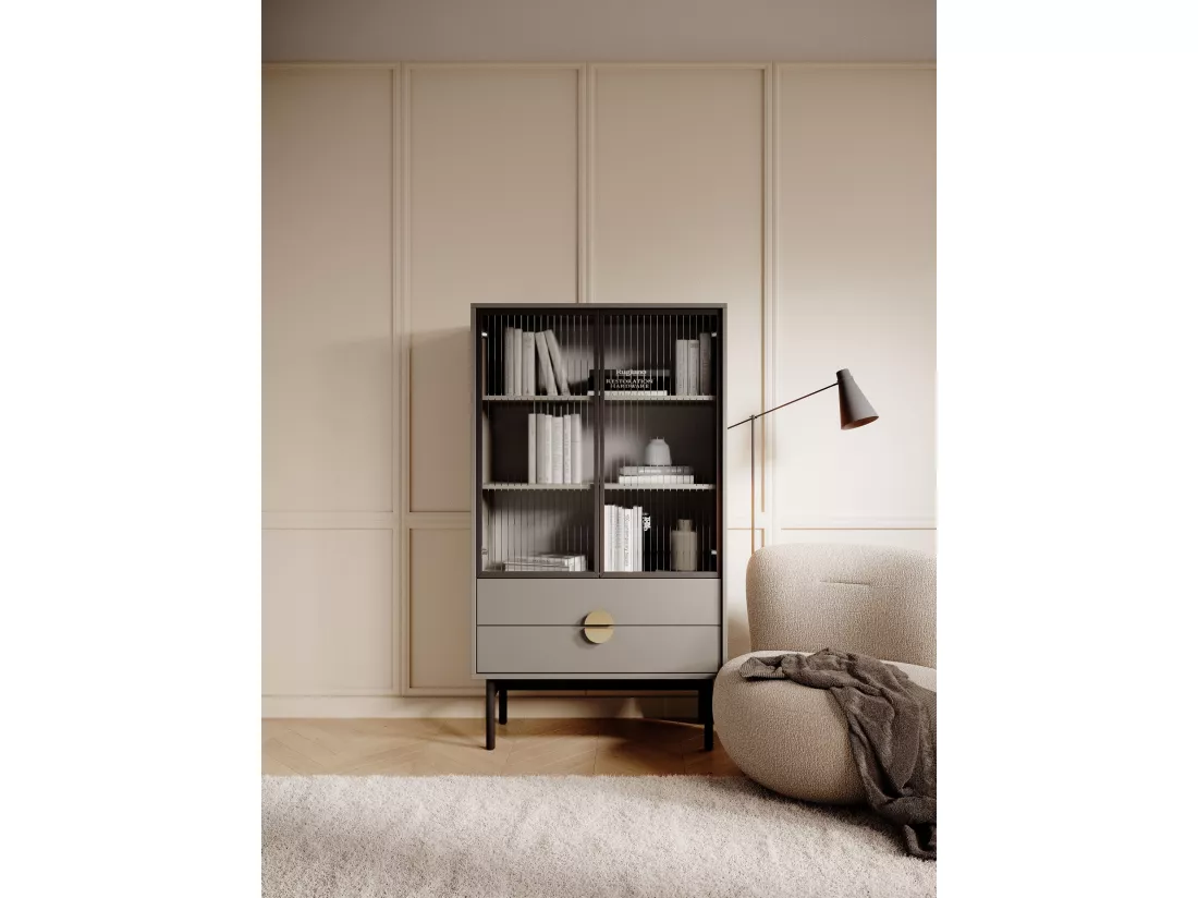 Vitrine basse - 85 cm - avec trois étagères et tiroirs - gris pierre - STOON