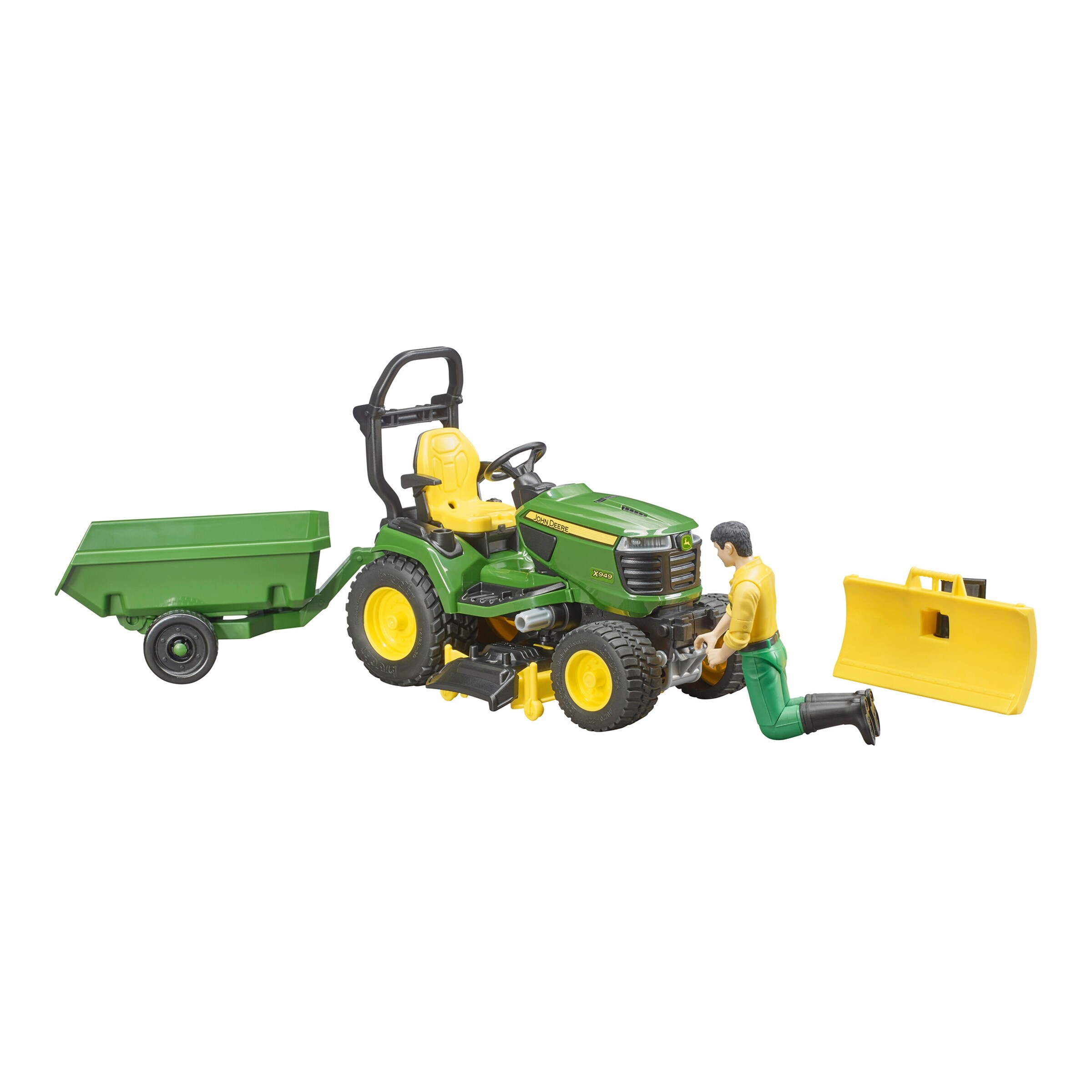 bruder bworld Rasentraktor John Deere mit Anhänger und Gärtner