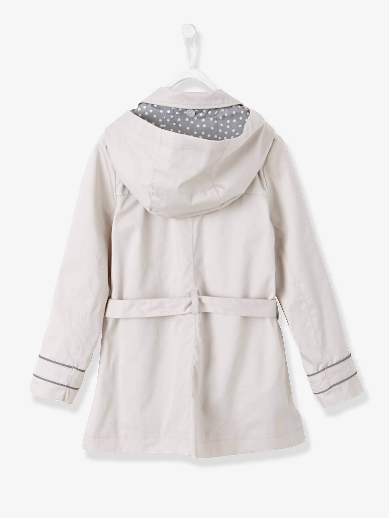 Casaco trench coat bege claro com tratamento repelente à água e capuz removível para meninas.