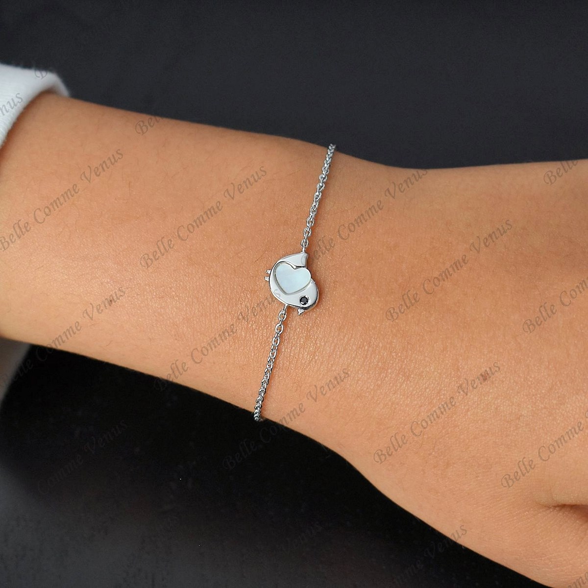 Bracelet oiseau coeur de nacre oeil oxyde de zirconium noir Argent 925 Rhodié