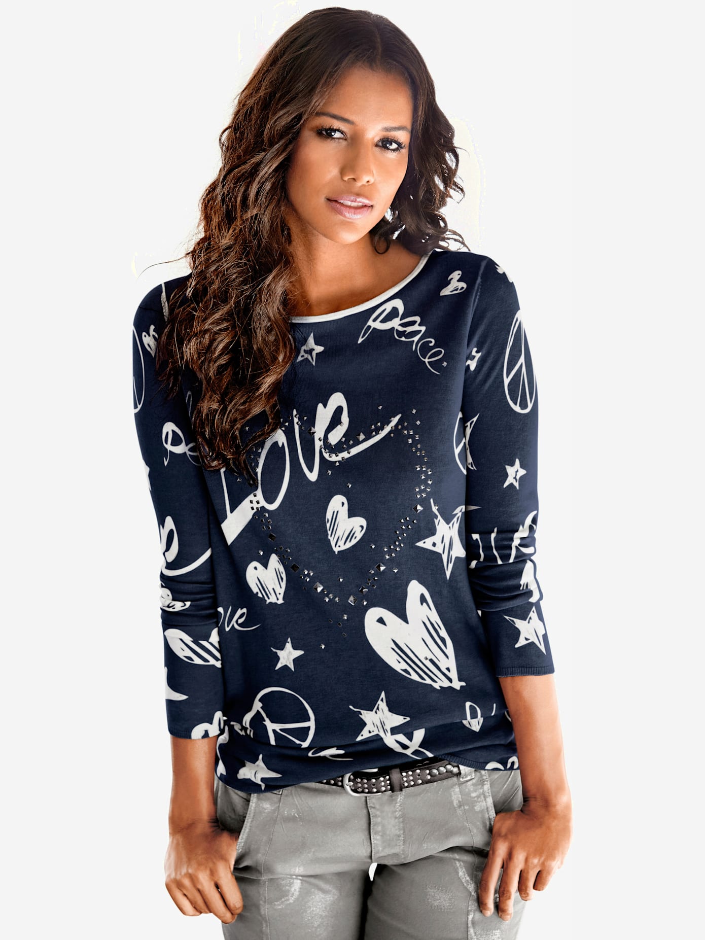 Pull imprimé superbe imprimé graphique avec cœur en rivets
