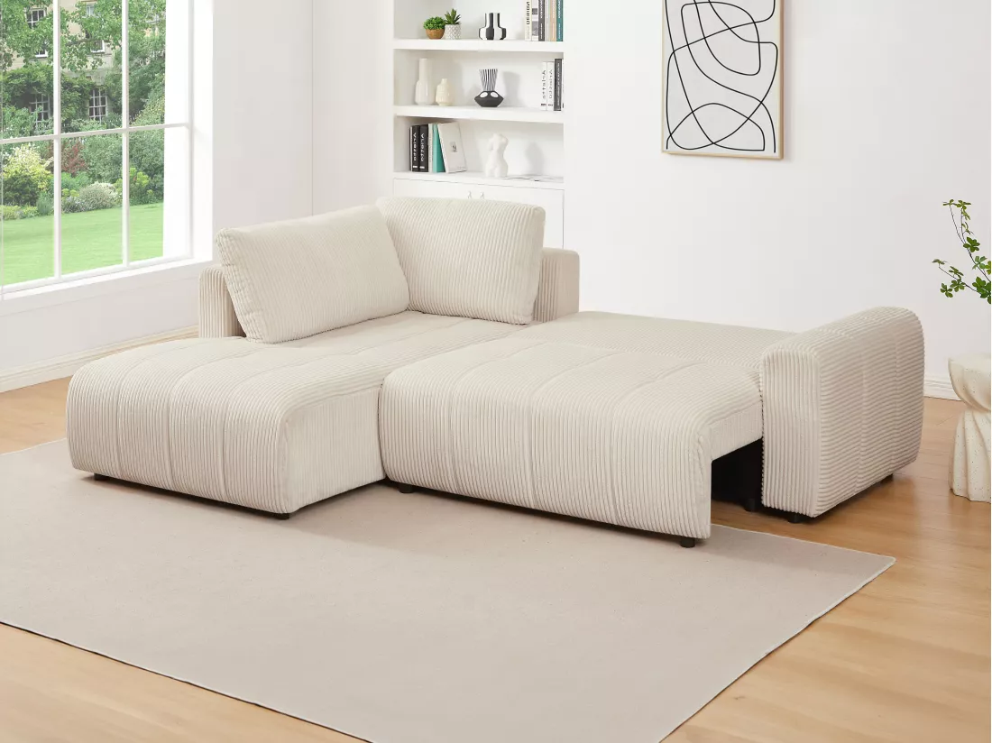 Canapé d'angle gauche convertible en velours côtelé beige RICIA