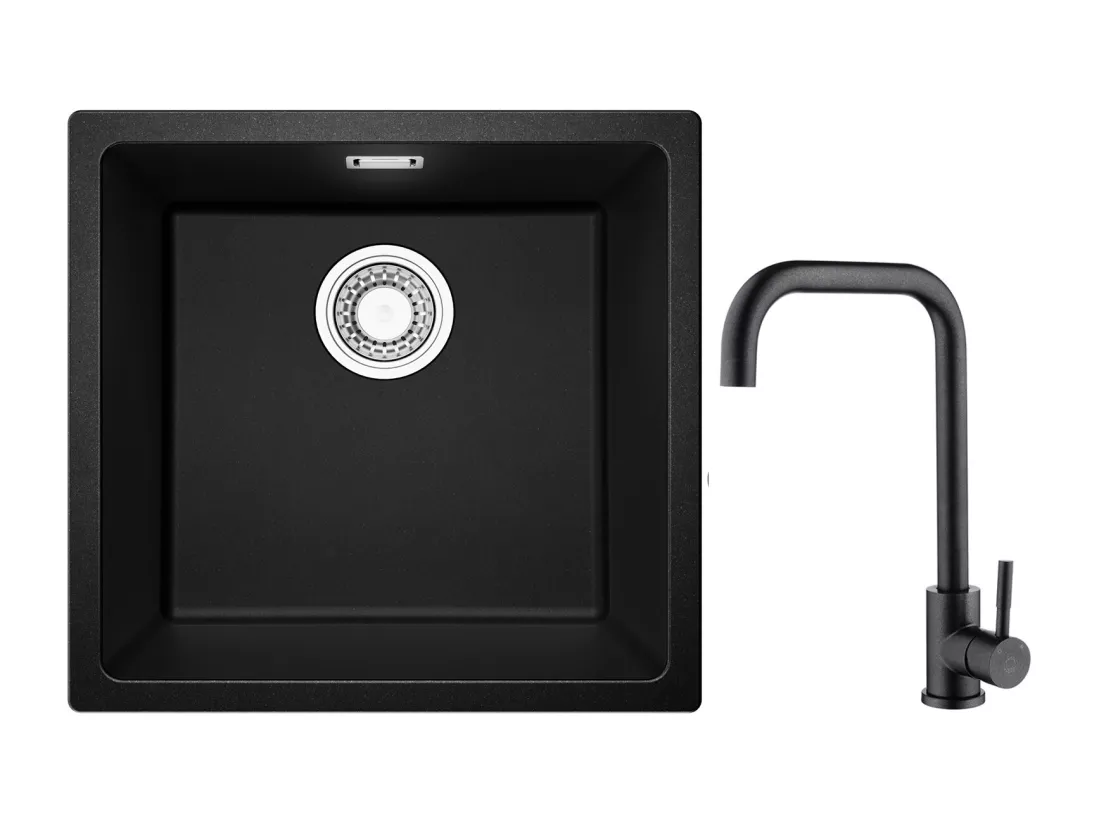 Evier 1 Bac en Quartz et Résine, 3 Options de Montage, 45*44*20cm + Mitigeur de Cuisine en Inox Noir étoilé avec Bec Haut et Incurvé