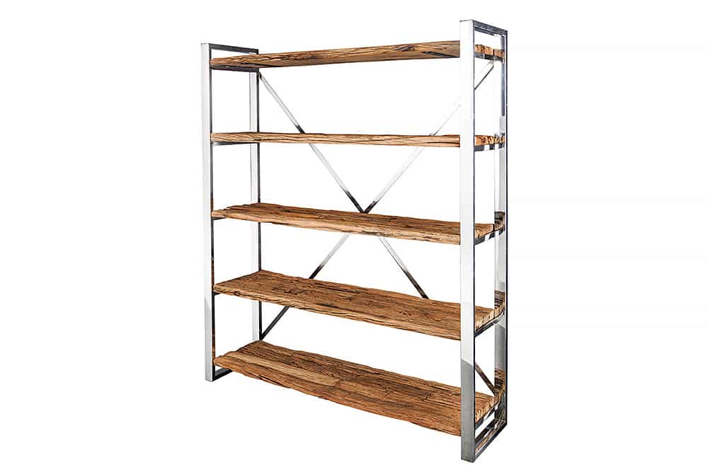 Massivholz Regal BARRACUDA 185cm braun Teakholz silber Edelstahl verchromt Bücherregal