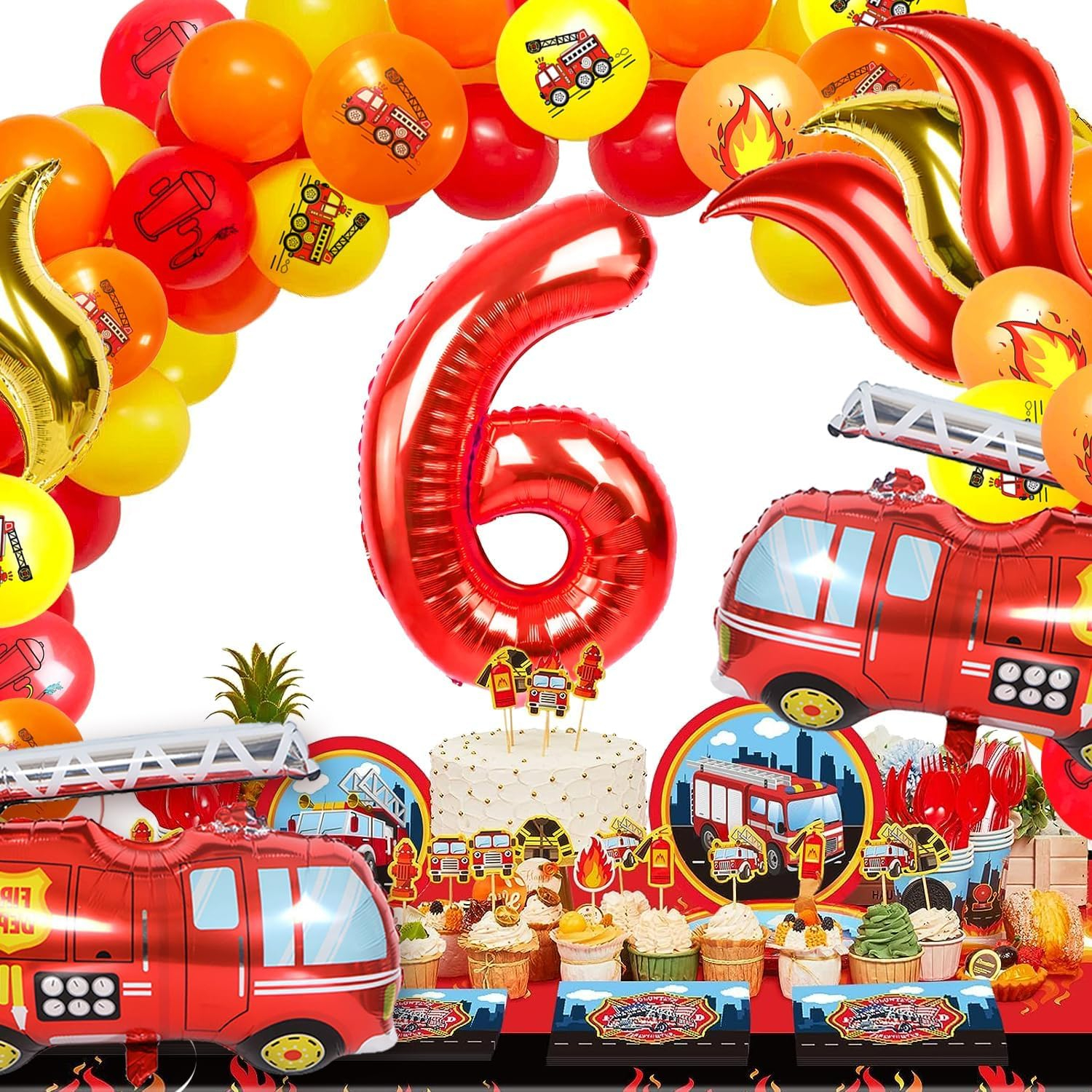 (21-tlg. Set) Zahlen Ballon Kinder Geburtstags Party Folienballon inkl. Latex Luftballons - Zahl 6 / Feuerwehr