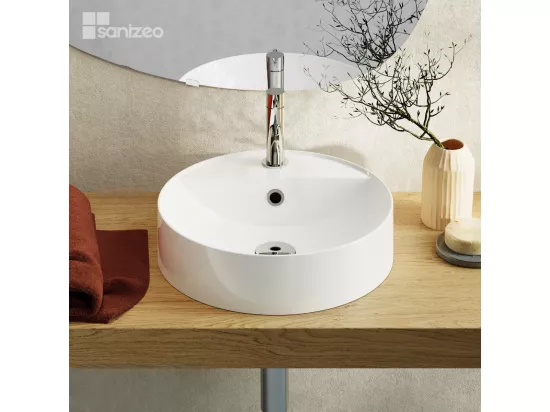 Vasque à poser BJORN - 75% Minéral Blanc Brillant Rond 40cm*H12.2cm - LAVABERG