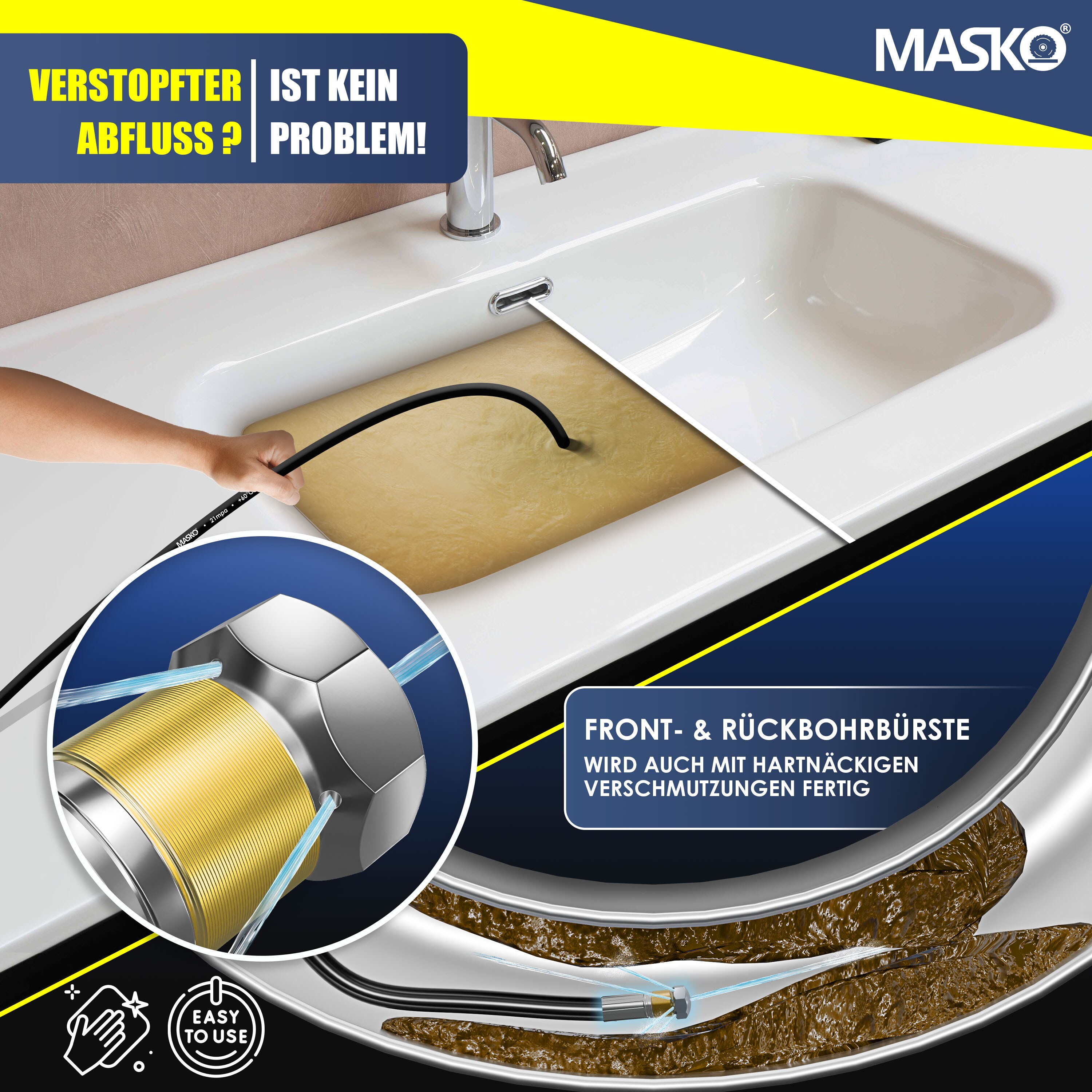 MASKO® Premium Rohrreinigungsschlauch Set Abflussreiniger 200 bar inkl. Tasche 3 Adapter 2 Düsen + rotierend kompatibel mit Kärcher k2-k7 LAVOR Hochdruckreiniger universal Rohrreinigungsset