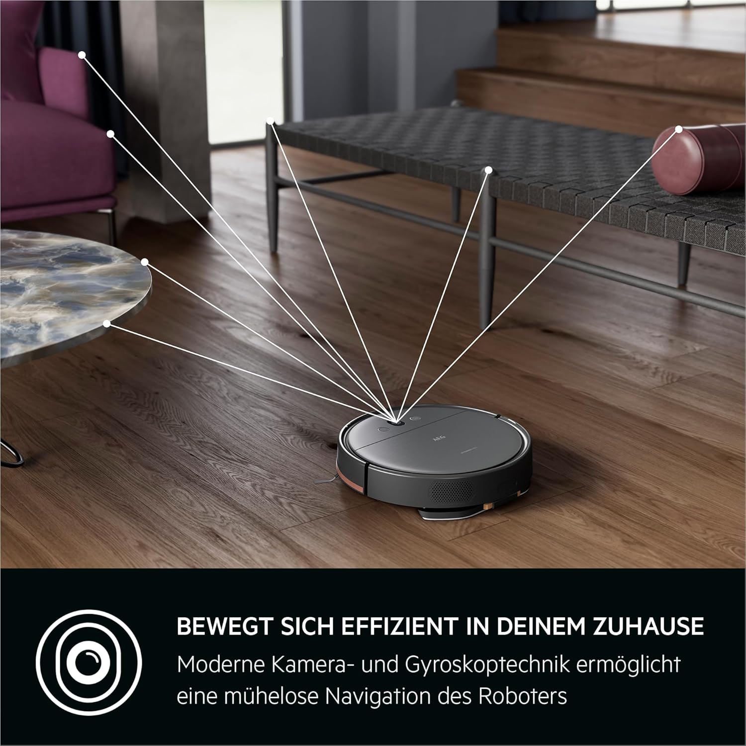 AEG AR61UW1DG Staubsaugerroboter, Gyroskop + Kamera, Lithium-Akku 14,4 V, Laufzeit 120 min, Wassertank 0,25 l, iOS/Android-App, 2 motorisierte Bürsten, Ladestation, Mops, Grau