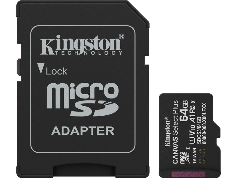 Kingston microSDXC-Karte Canvas Select Plus Gen3 64 GB Robuste microSDXC-Karte für Full-HD-Aufnahmen mit Speicherkartenadapter