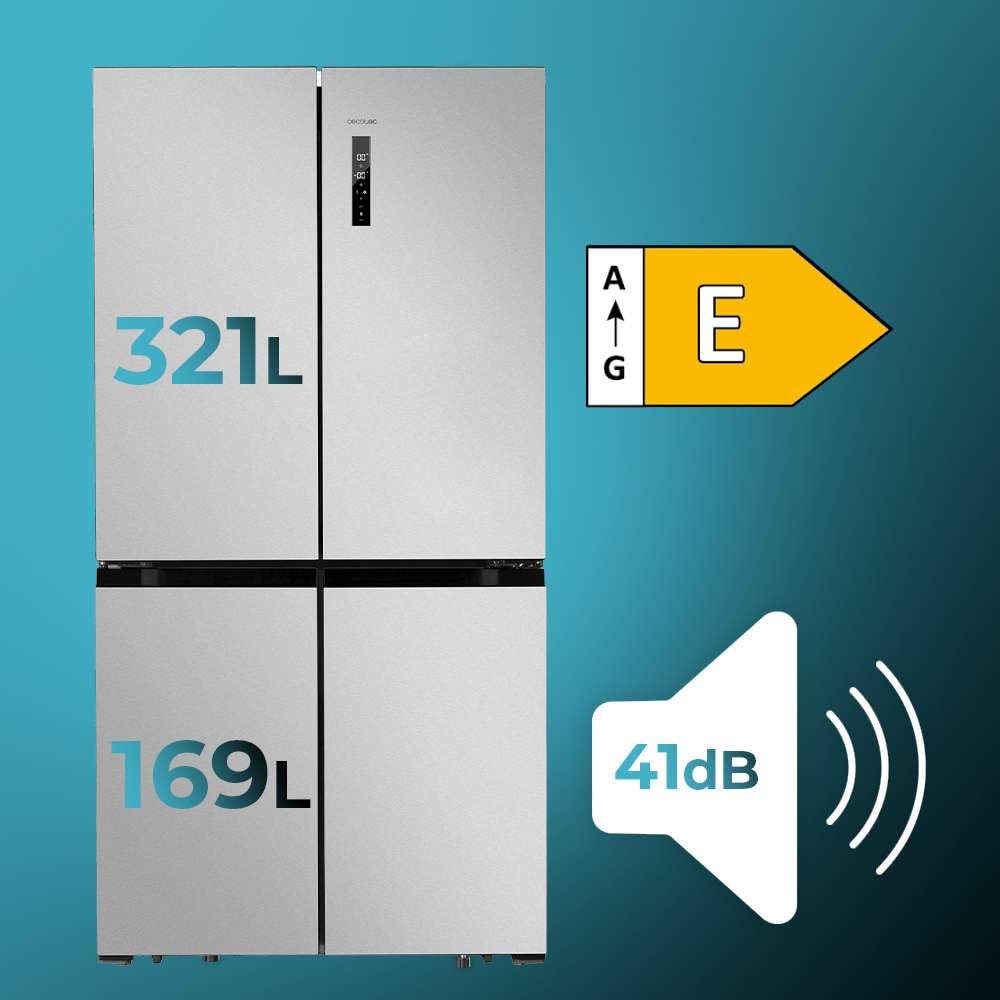 Cecotec American Refrigerator 4 Doors Stainless Steel 490 L CoolMarket 4D 490 Inox E. 183 cm High, 91 cm Wide, Low Power, Inverter Plus, Fast Cooling