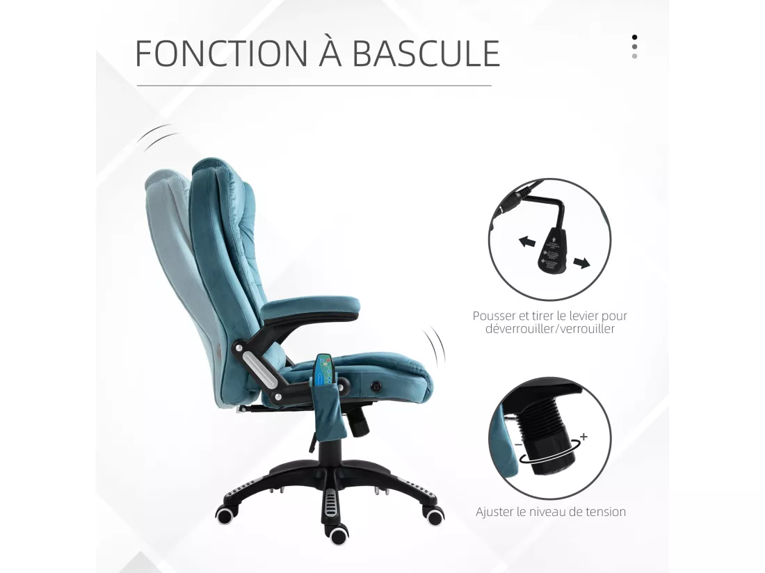 Fauteuil de bureau direction massant chauffant hauteur réglable dossier inclinable toile de lin bleu