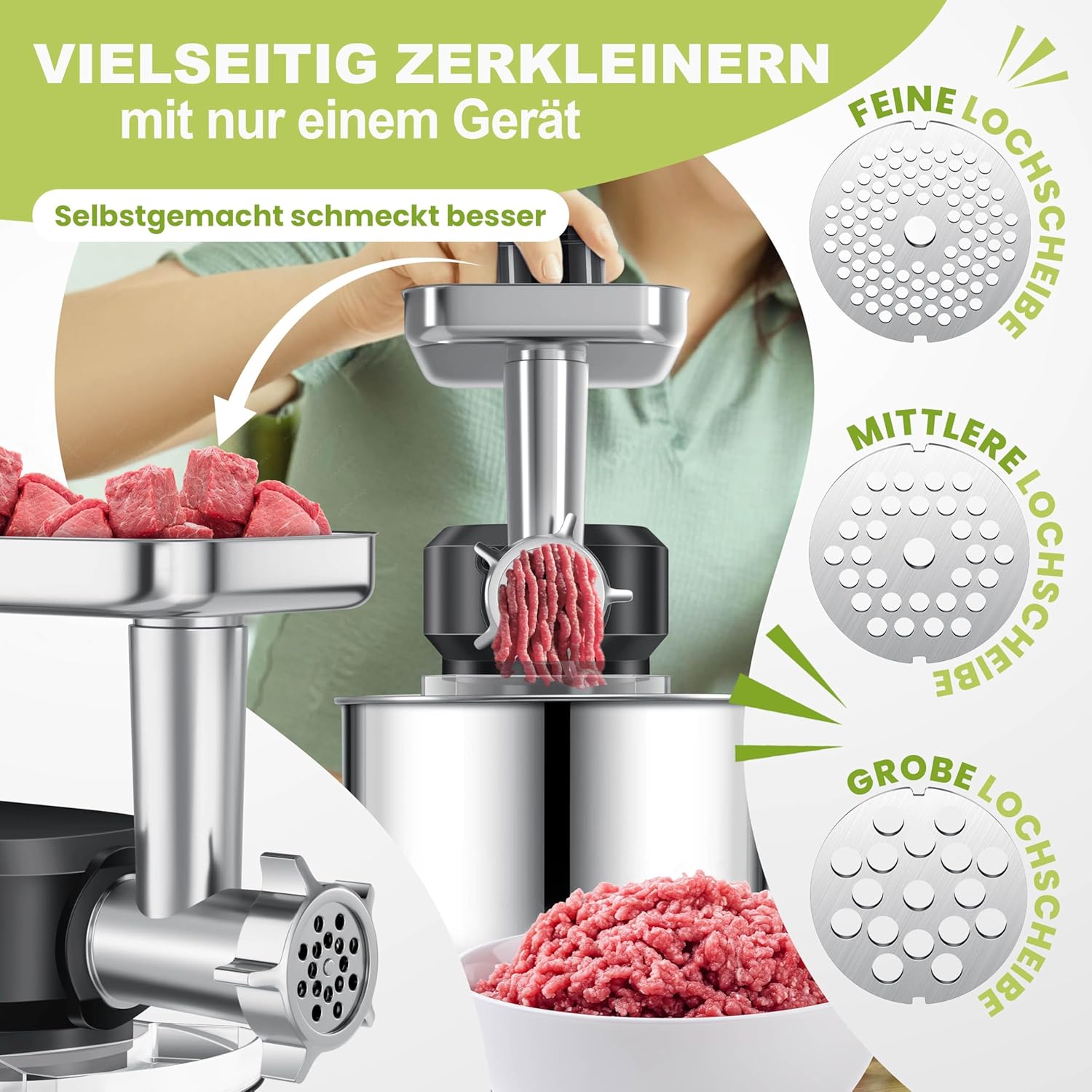 KESSER® 3 in 1 Universal Küchenmaschine K-KM 3000 mit Fleischwolf Knetmaschine Multifunktionale Rührmaschine 5,5L Schüssel mit 3 Rührwerkzeuge, 1,5L Entsafter, Zubehör-Set, Pasta & Gebäckformen