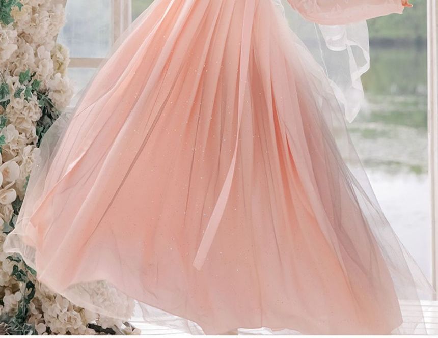 Francoix - Set: Hanfu-top met lange mouwen + maxi-A-lijn rok met geborduurde bloemen