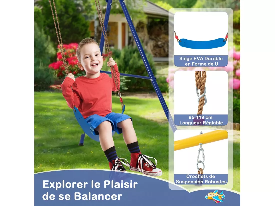 4 en 1 Balançoire Enfants avec Panier de Basket & Échelle d'escalade & Disque, Balançoire en U avec Corde Réglable(95-119cm), Charge 300kg pour 4 Enfants de 3-9 Ans…