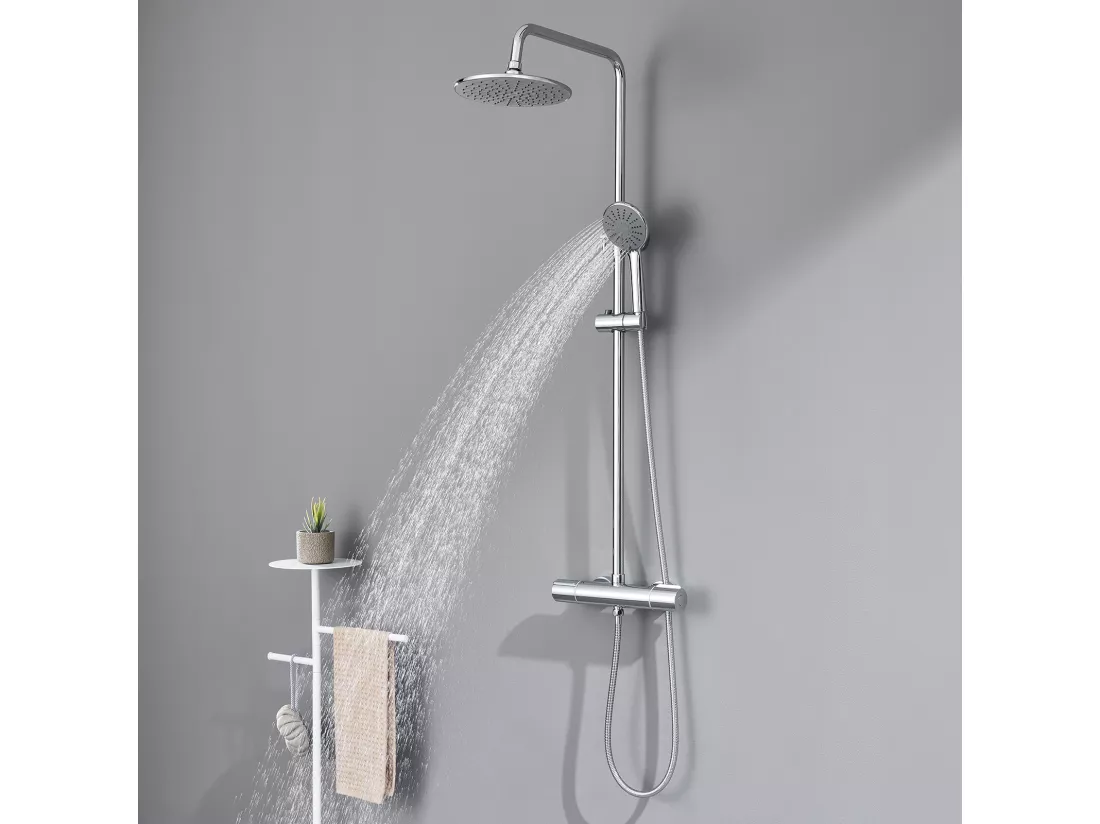 Auralum max Colonne Douche avec Mitigeur Thermostatique Chromé Ensemble Douche Ronde en Laiton Système Douche Hauteur Réglable Douchette 3 Jets D'eau