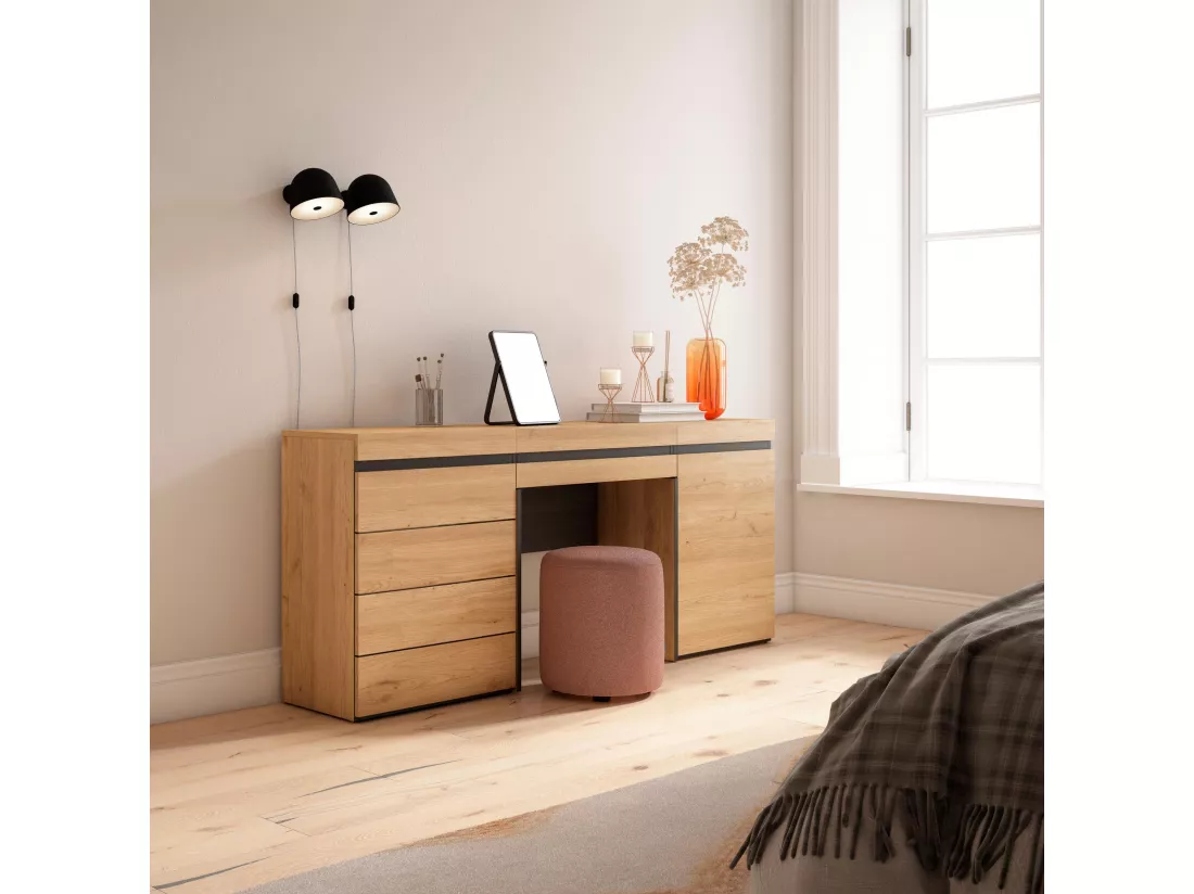 Coiffeuse, 177x35x75 cm, Avec tiroir, Commode, Buffet, Chêne