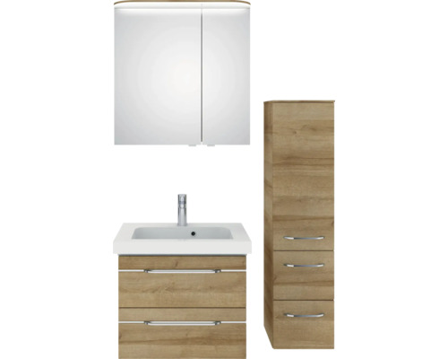 Pelipal Sunline 108 badkamermeubelset, BxHxD 100 x 200 x 46 cm, frontkleur: Riviera eiken, 4-delige badkamermeubelset met wastafel en badmeubel van wit mineraalmarmer, spiegelkast met LED-verlichting, wandkast