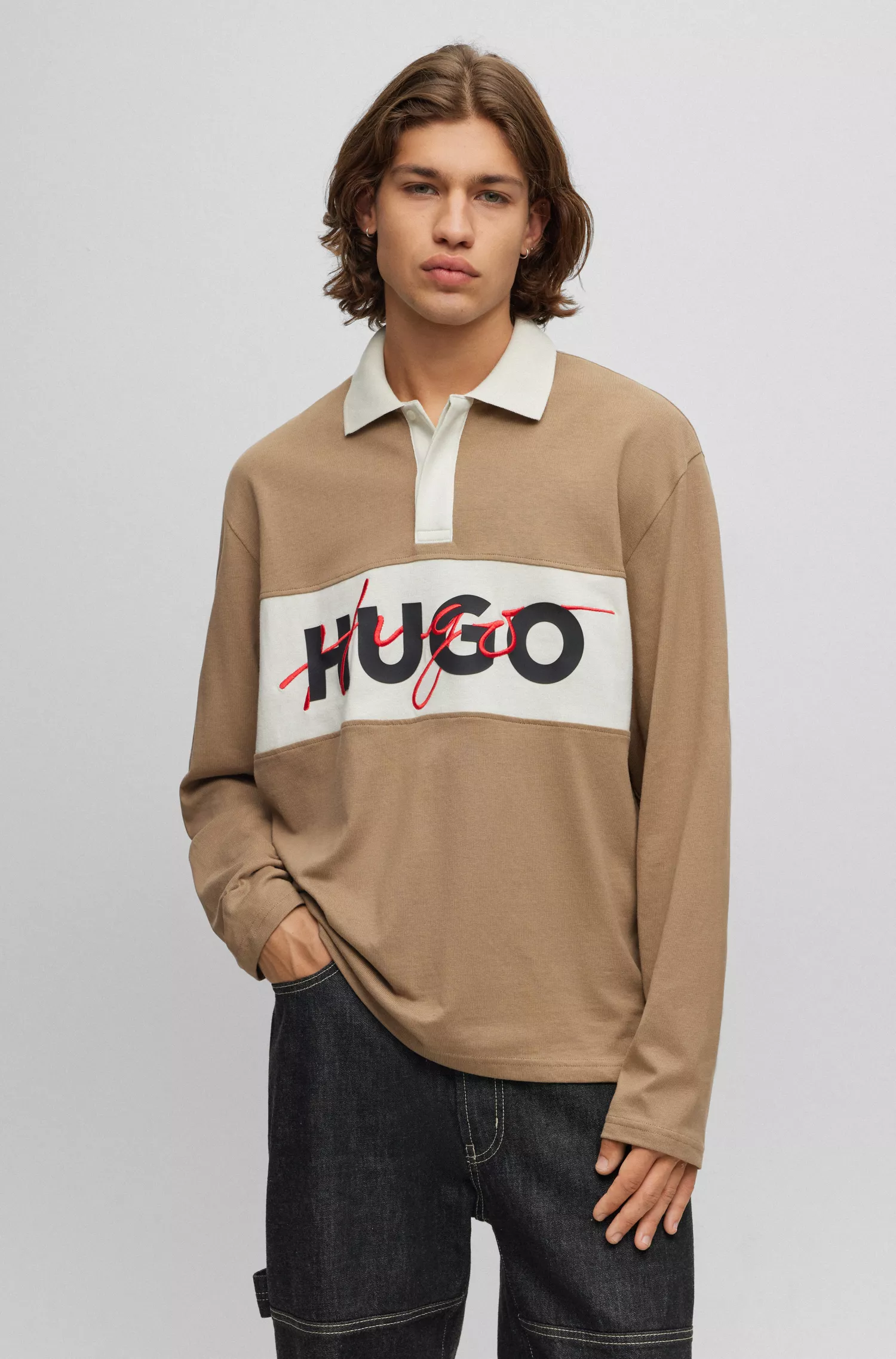 Camisa polo HUGO vermelha em malha de algodão com logotipo duplo.