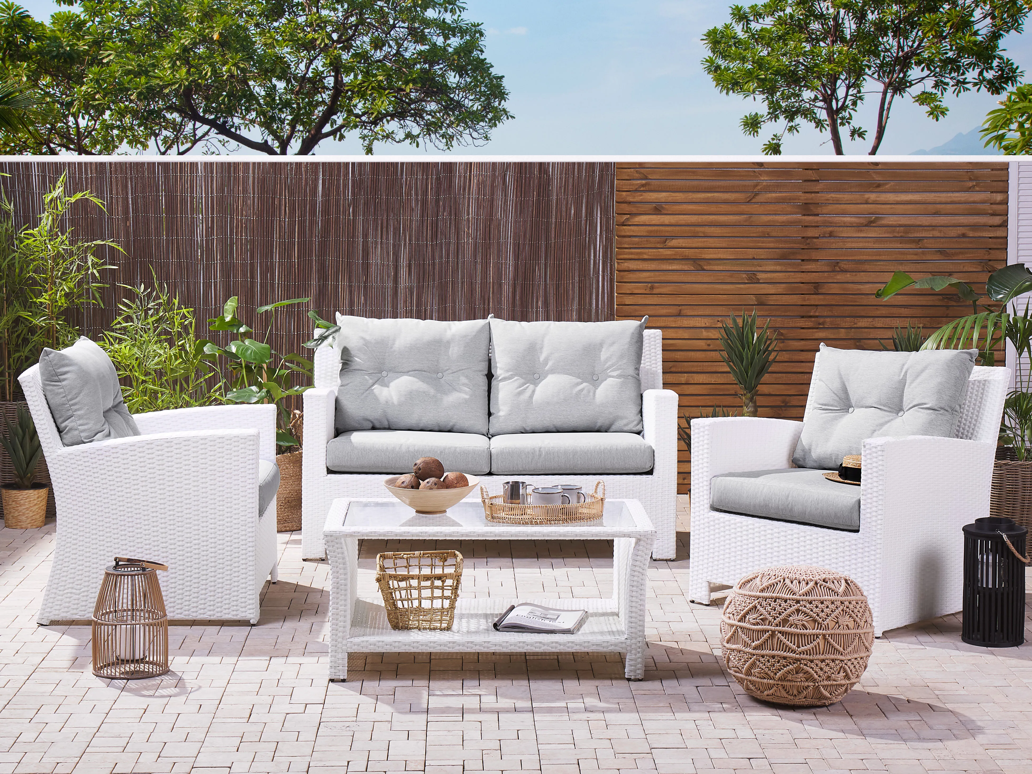 Loungeset met tafel 4-zits MARINO PE rotan Wit