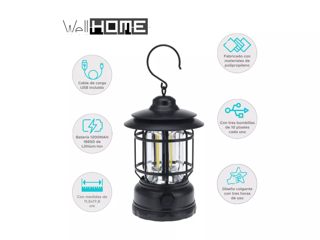 Lampe de camping Well Home Ø11,5x17,8cm avec 3 ampoules et rechargeable par USB Couleur Noir