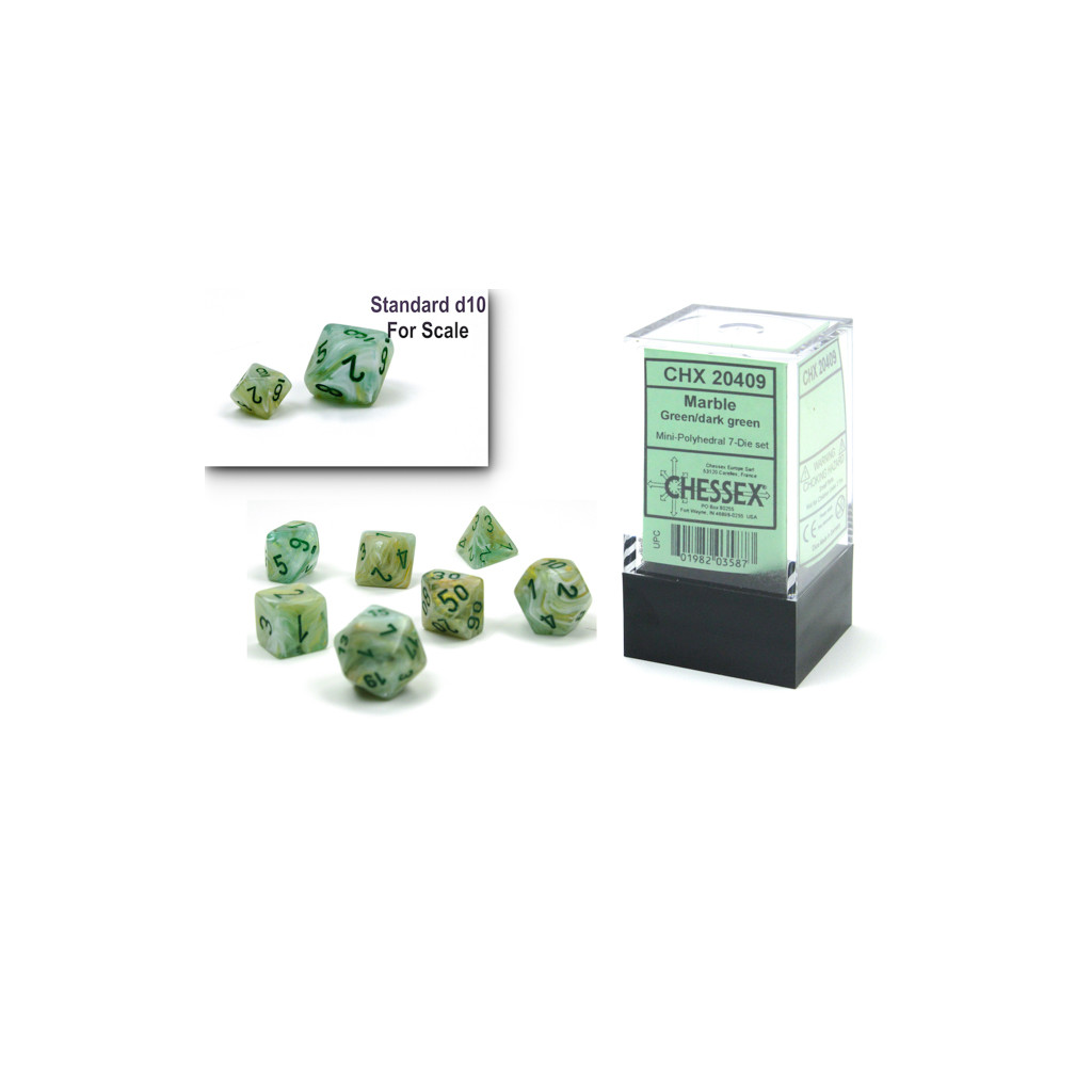Set de 7 Mini Dés JDR Chessex : Marble Green / Dark Green