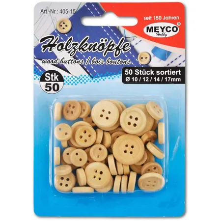Meyco - Holzknöpfe50 Stück, Natur, 10,12,14,17 mm