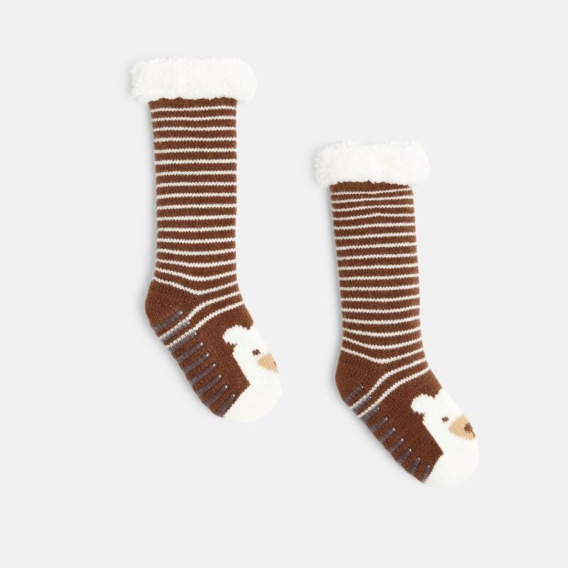 Chaussettes fourrées sherpa antiglisse ours marron bébé garçon Marron