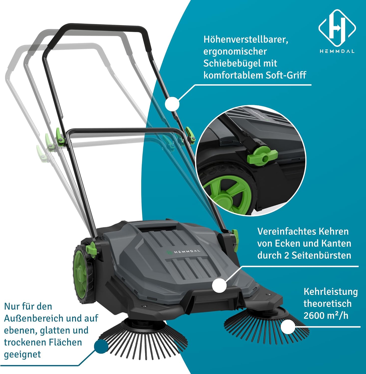 Kehrmaschine HKM65 manuell | 65 cm Kehrbreite | 2.600 m²/h Kehrleistung | 20 l Behälter | Grau | für trockene Oberflächen im Außenbereich | höhenverstellbarer Soft-Griff | Handkehrmaschine