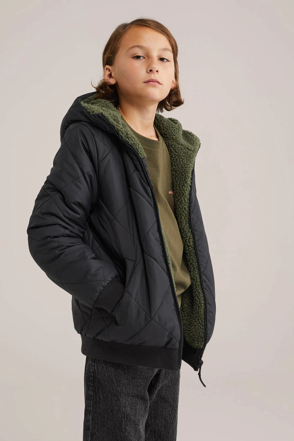 WE Fashion Blue Ridge teddy reversible jas winter donkergroen