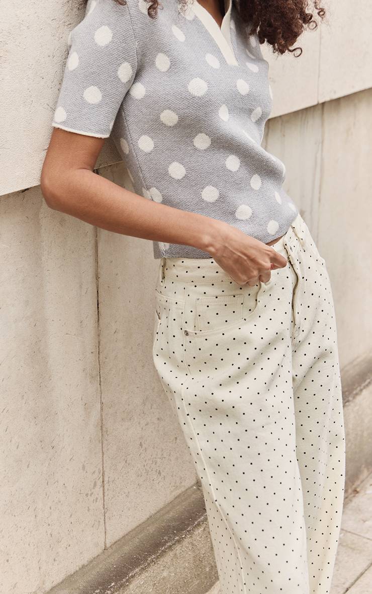 Cream Polka Dot Jean Taille Basse Coupe Large
