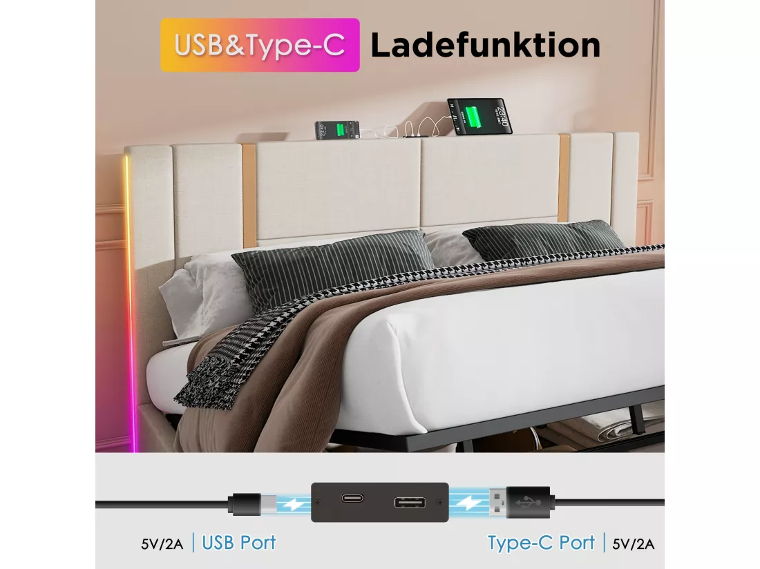 Lit coffre 180 x 200 cm avec tête de lit - Prises USB et Type-C - LEDs - Tissu en lin - Beige (sans matelas)