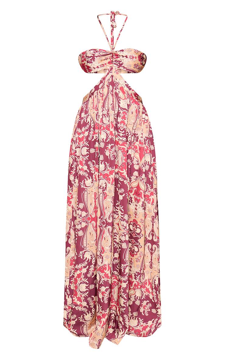 Rouge Profond Robe Longue En Satin À Imprimé Cachemire Avec Col Licou Et Découpes