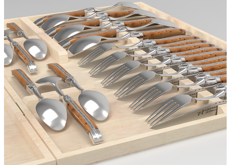 Service Laguiole de 24 pièces avec un manche en bois de genévrier et mitres en acier inoxydable