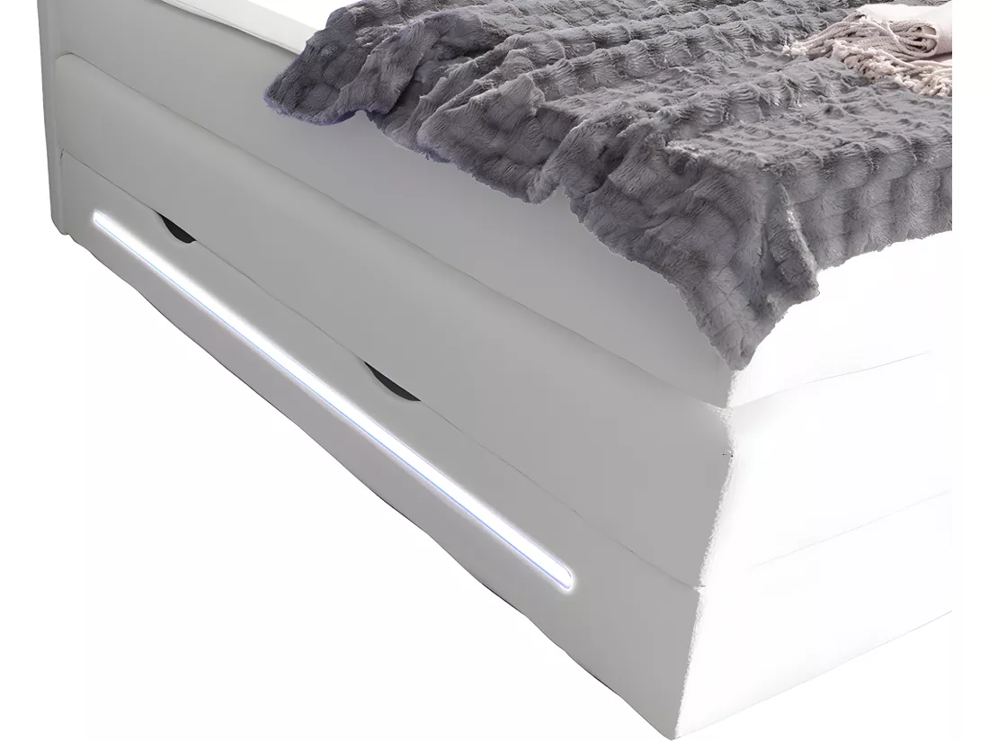 Ensemble complet boxspring tête de lit avec leds + sommiers coffre + matelas + surmatelas - 160 x 200 cm - Simili - Blanc - KEROS de YSMÉE