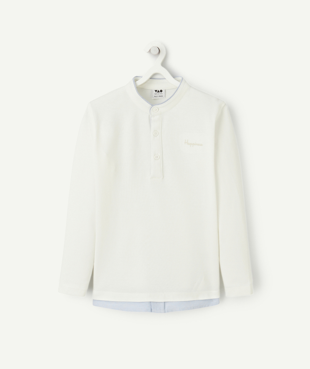 polo manches longues garçon en coton bio effet 2 en 1 blanc et bleu